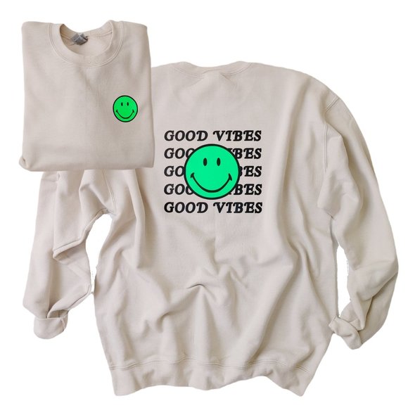 Good Vibes Neon Green Smiley Face Sweatshirt - Picture 3 of 12